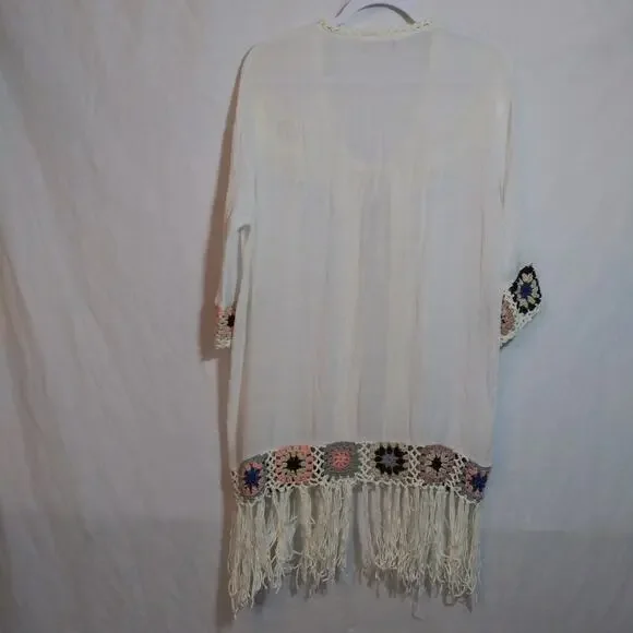 Oliver by Escio Boho Gauzy Cardigan Crochet Granny Square Trim Tie Front Size L - Picture 8 of 9